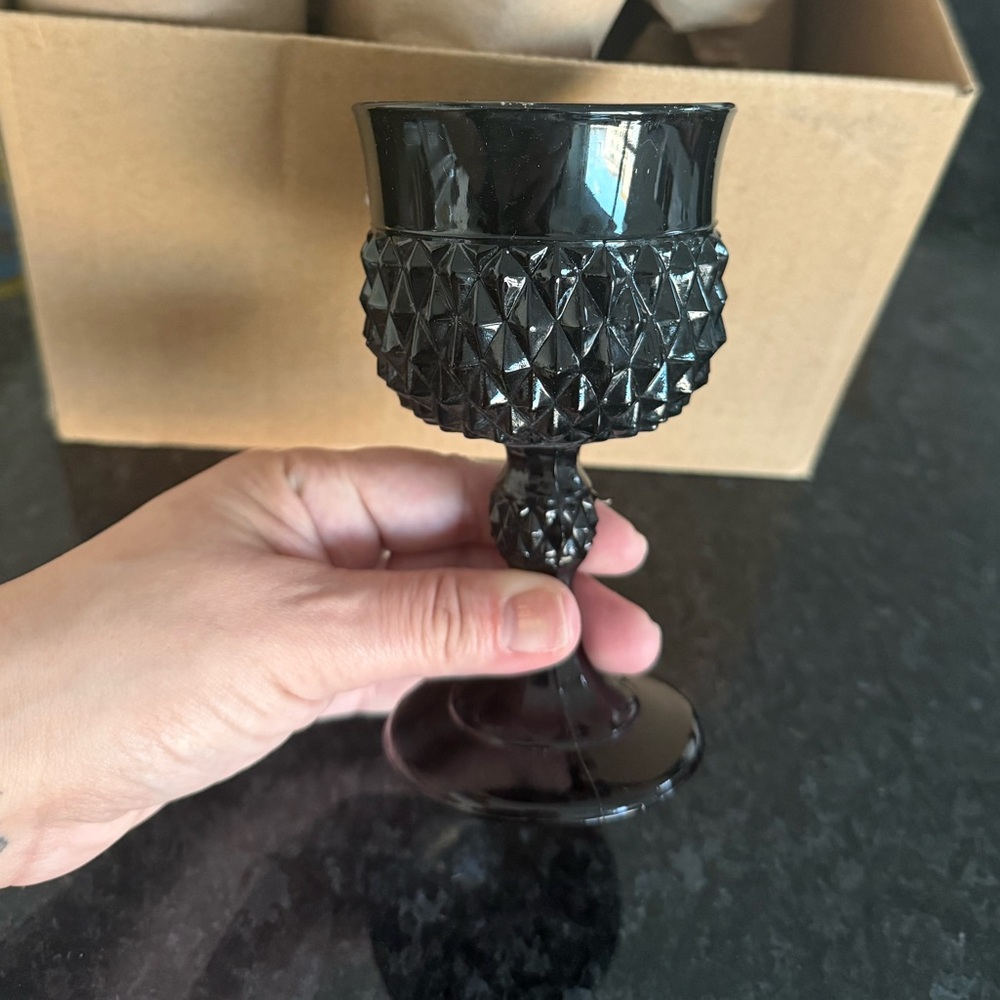 Indiana Glass Diamond Point Black Vintage Tiara Goblets Set Of 6 Goth Dining - Picture 2 of 3